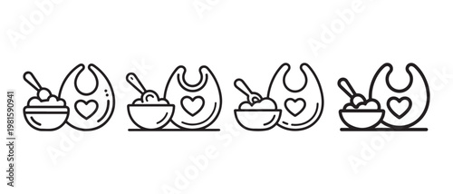 Baby Bib and Food Bowl Icon Set. Outline Vector Illustrations for Infant Feeding.