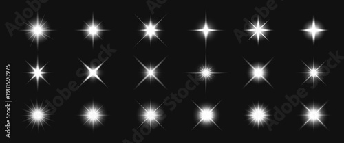 Set of 18 white starburst light effects on a black background. Various starburst designs, each with unique light patterns. Perfect for design projects. Light effect vector set.