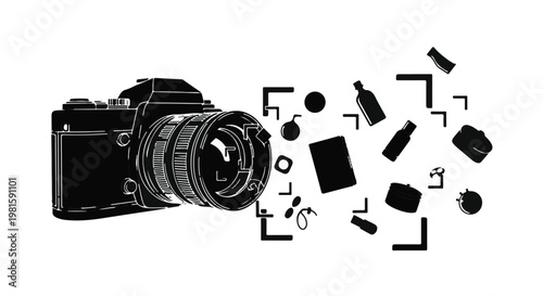 Camera parts and accessories disassembled illustration