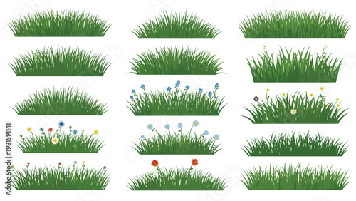 Variety of realistic grass tufts and border patches some decorated with colorful small flowers for garden or landscape design.