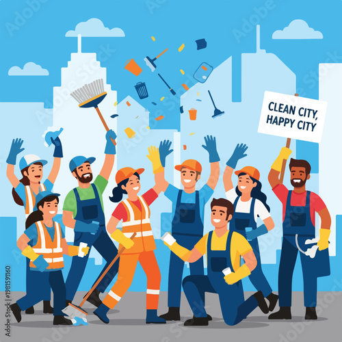 Happy diverse community cleaners celebrate with tools against a city backdrop