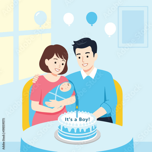 Happy parents celebrate their newborn baby boy with a decorated blue theme cake