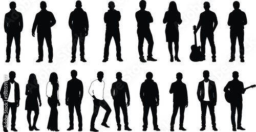 Large collection of realistic black people silhouettes in various standing poses featuring men women musicians with guitars and casual business professionals for architectural scale and design project