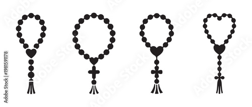Religious Rosary Beads Silhouette Set. with Cross and Heart Icons on White Background.
