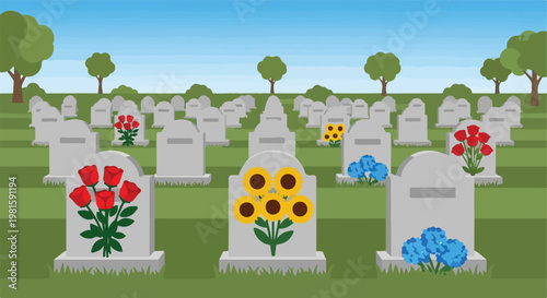 Flat vector illustration of a graveyard with rows of headstones and bright roses