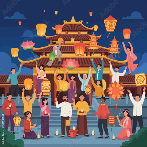 People celebrate a vibrant lantern festival outside a large traditional temple