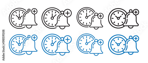 Clock and Bell Icons with Plus Sign. Notification, Reminder, Alarm, Schedule, Time Management.