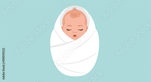 Illustration of a peaceful sleeping newborn wrapped tightly in a white swaddle