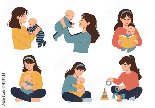 Mother and Baby Daily Activities Illustration Set - Mom Playing, Reading, Cuddling, and Bonding with Infant, Flat Vector Cartoon Character Design