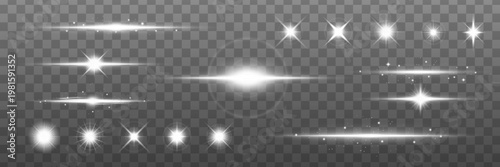 Set of glowing star effects on transparent background. Includes various star shapes, sparkles, and light flares. Perfect for design and decoration projects. Light effect vector set.