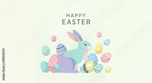 Colorful easter bunny surrounded by decorated eggs on light green background