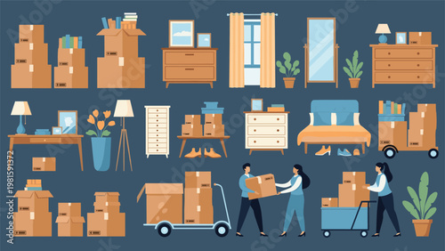 Moving company service scenes and elements with people loading cardboard boxes onto carts and a variety of furniture items.