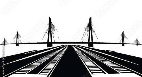 black and white illustration of railroad tracks leading to bridge