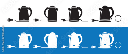 Set of electric kettles icons, black and white icons on contrasting backgrounds, with plugs and cords, for modern kitchen design.