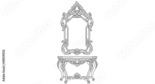 Ornate Dressing Table with Mirror - A Detailed Line Art Illustration.