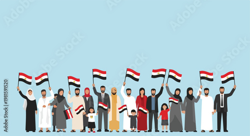 Illustration of diverse Egyptian people happily waving flags on blue background