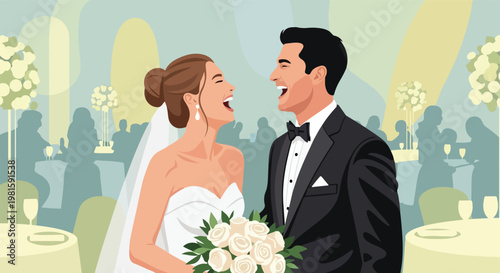 A joyful bride and groom laughing together during their elegant wedding banquet