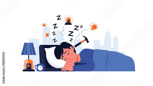 Young man sleeping restlessly in bed while experiencing disturbed sleep due to loud city noises, alarms, and various stressful life factors.