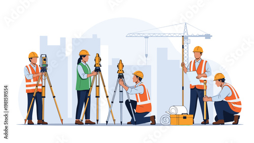 Group of professional land surveyors and engineers using specialized equipment to measure and plan a new building project at a construction site.
