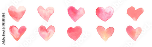 Set of watercolor hearts in pink and red hues. Watercolor hearts in shapes. Pink and red hearts for romantic designs. Artistic watercolor heart collection. Valentine illustrations, isolated vectors.