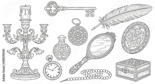 Ornate Collection of Vintage Objects - Candelabra, Key, Perfume Bottles, and More.