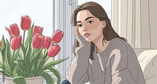 A smiling young businesswoman with a bouquet of tulips sitting on a sofa by an office window, showing a happy face and blond hair in a lifestyle home setting