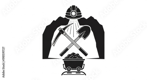 Mining Emblem with Pickaxe, Shovel, and Coal Cart in Silhouette.