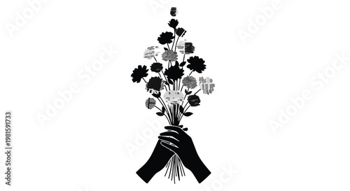 Delicate hands holding a monochrome bouquet of flowers, symbolizing love and tenderness