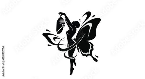 stylized fairy silhouette dancing with swirling lines