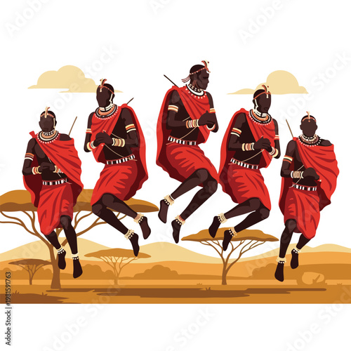 Five Maasai warriors in red robes performing traditional jumping dance on plains