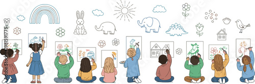 Creative diverse group of children drawing and painting cute animals and nature illustrations on a white wall in kindergarten classroom or art workshop.