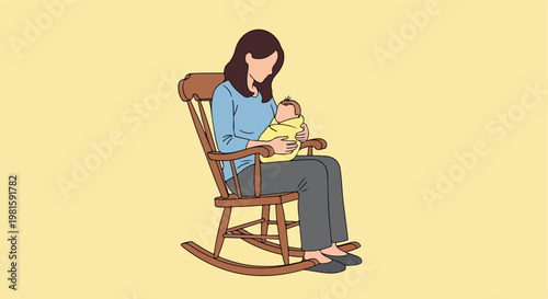 Minimalist illustration of a mother sitting in a rocking chair cradling her baby