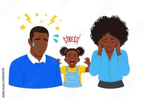 Overwhelmed African American Parents with Crying Daughter and Stress Symptoms Illustration