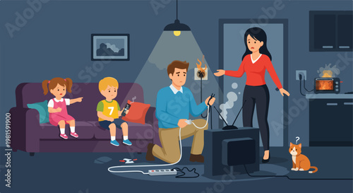 Illustration of a family facing dangerous electrical hazards in their dark home