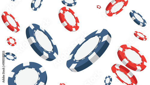 Dynamic scene of red and blue poker chips falling through the air against a white background representing gambling, casino, and high stakes.