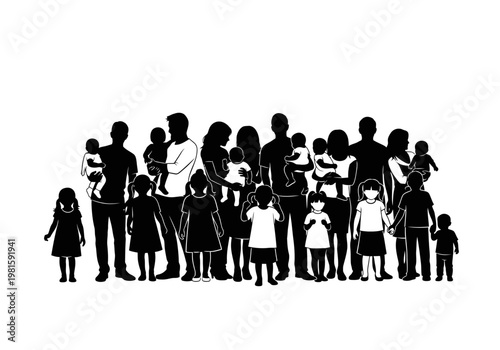 Diverse Large Family Silhouette Set with Parents, Children, and Babies; Community and Multigenerational Group Concept on White Background