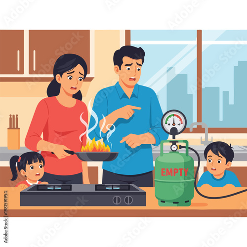 A worried family in a kitchen faces a fire pan and an empty cooking gas cylinder