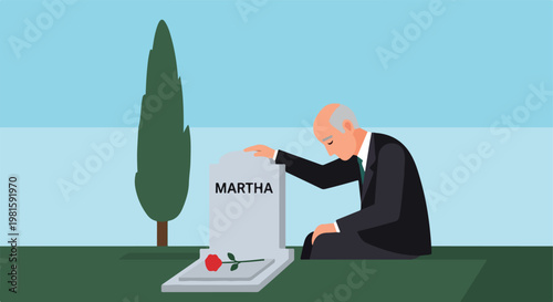 Elderly man in a suit kneeling by a tombstone named Martha mourning with a rose