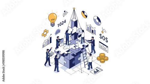 Diverse business team working together to assemble a large cube puzzle surrounded by financial charts and success icons representing cooperation.