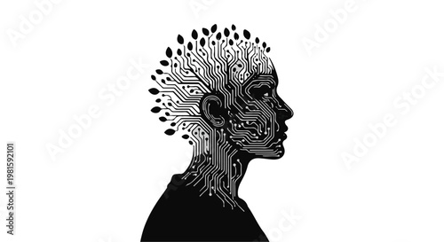 Futuristic human profile with circuit board brain symbolizing artificial intelligence and technology