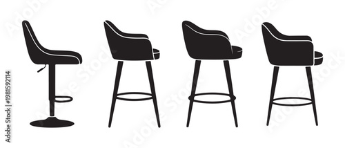 Set of Black Bar Stools. Adjustable Swivel and Fixed Height with Arms.