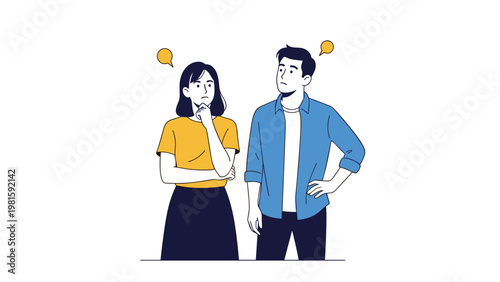 Young man and woman standing together with pensive expressions and looking upwards representing thinking, curiosity, and decision making.