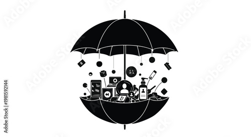 Black globe protected by umbrella with floating objects