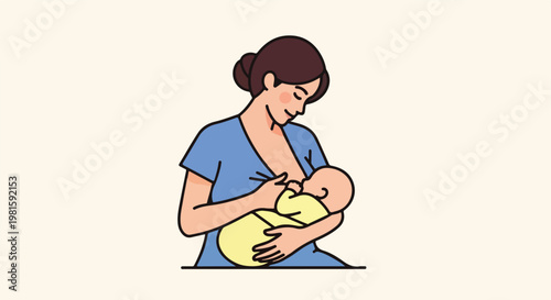 A minimalist illustration of a smiling mother breastfeeding her newborn infant