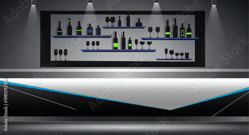 Modern Bar Interior with Illuminated Counter and Shelved Back Bar.