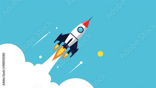 Space rocket launching into the blue sky with clouds and flames symbolizing success, startup growth, innovation, and ambitious project goals.