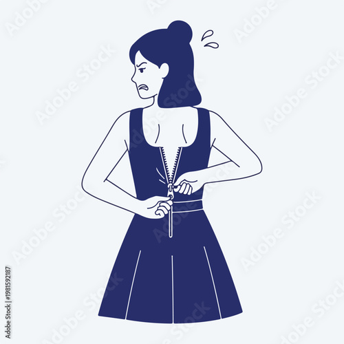 Line art of a frustrated woman struggling to zip up a dress that is quite small