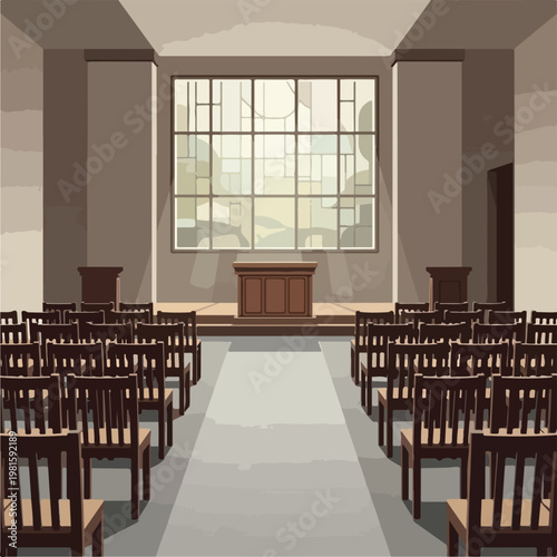 A modern minimalist chapel interior featuring rows of chairs and sunlight beams