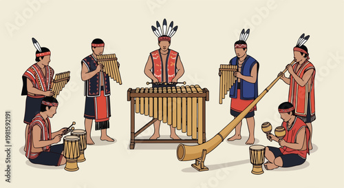 Indigenous musicians in tribal attire playing traditional folk instruments group