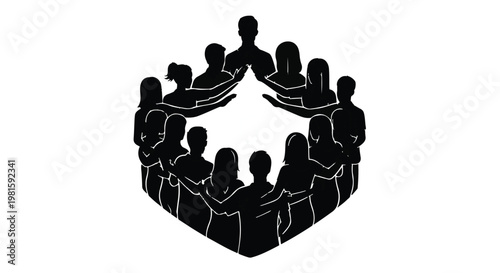 Diverse group of people in silhouette forming a circle, representing unity and community.